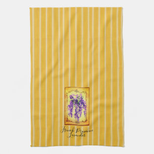 French Provence Yellow Stripes with Wisteria Label Tea Towel