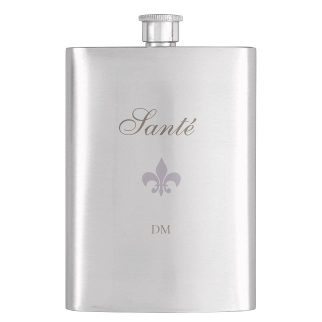 French Purple Fleur de Lis Santé Wedding Favour  Hip Flask (Front)