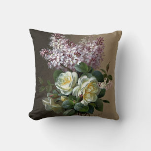 French Purple Lilac White Rose Botanical Floral Cushion