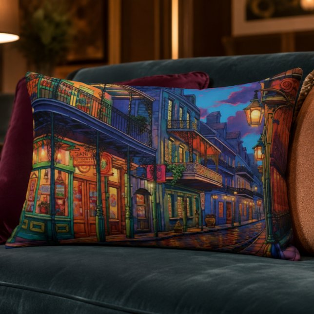 French Quarter 16x12 Accent Pillow (New Orleans Art | French Quarter Art | Bourbon Street Neon Jazz Print Pillow)