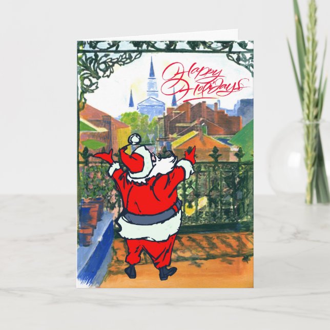 French Quarter Balcony, Santa Holiday Card (Front)