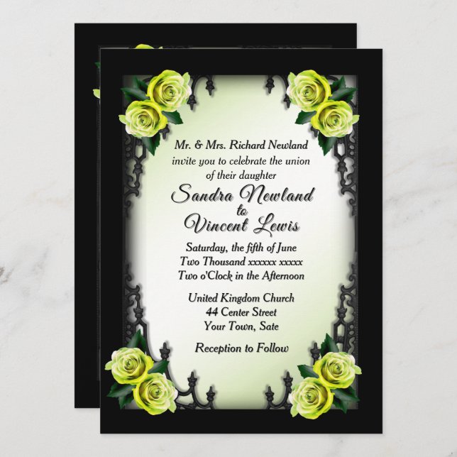 French Quarter Goth 4 Corner Green Rose Wedding Invitation (Front/Back)