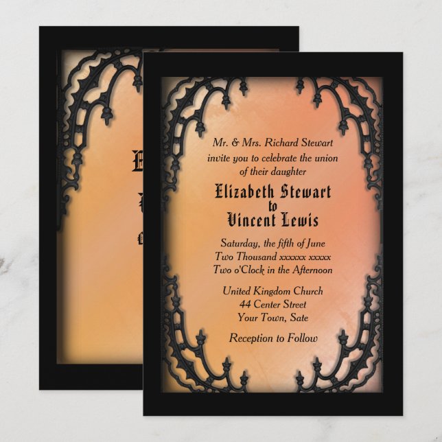 French Quarter Gothic Orange Wedding Theme Invitation (Front/Back)
