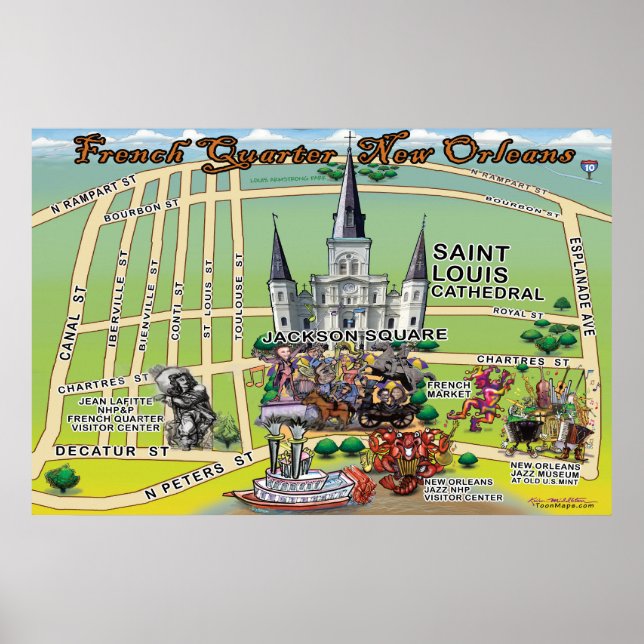 French Quarter New Orleans Fun Map 24x36 Poster (Front)