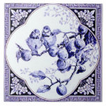 French Quatrefoil Framed Blue Birds Antique Repro Tile<br><div class="desc">Reproduced from an antique late 19th century Victorian era transferware tile made in France. An adorable pair of birds in a fruit tree with daffodils in the corners and a Greek Key style border. In shads of blue and white.</div>