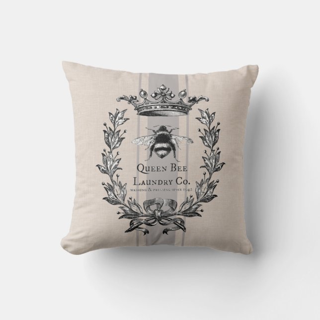 French Queen Bee, grey striped faux grain sack Cushion (Front)