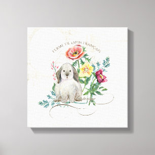 French Rabbit Farm Vintage Watercolor Bunny Floral Canvas Print