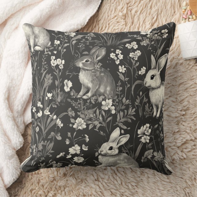 French Rabbit Toile in Black Floral Pattern Cushion (Blanket)