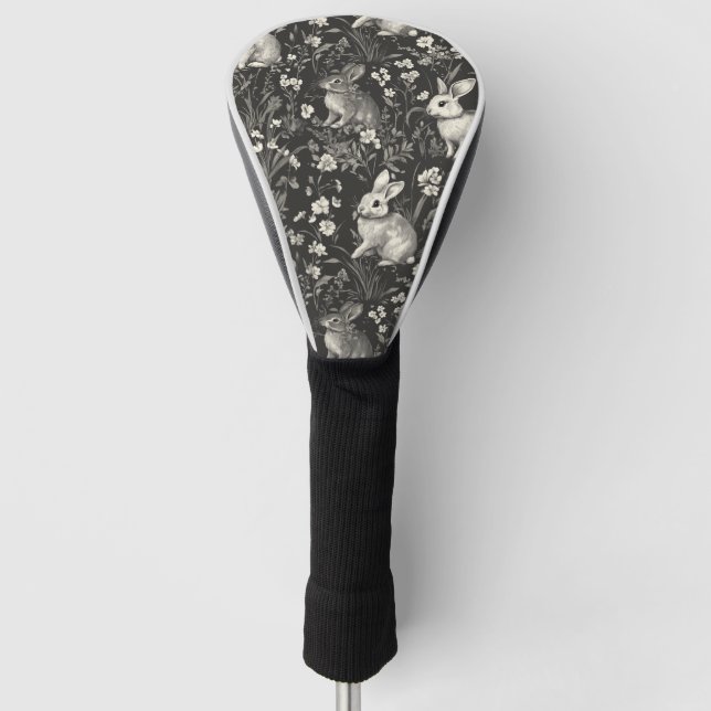 French Rabbit Toile in Black Floral Pattern Golf Head Cover (Front)