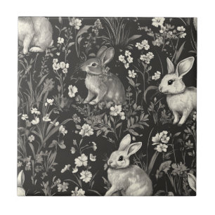French Rabbit Toile in Black Floral Pattern Tile