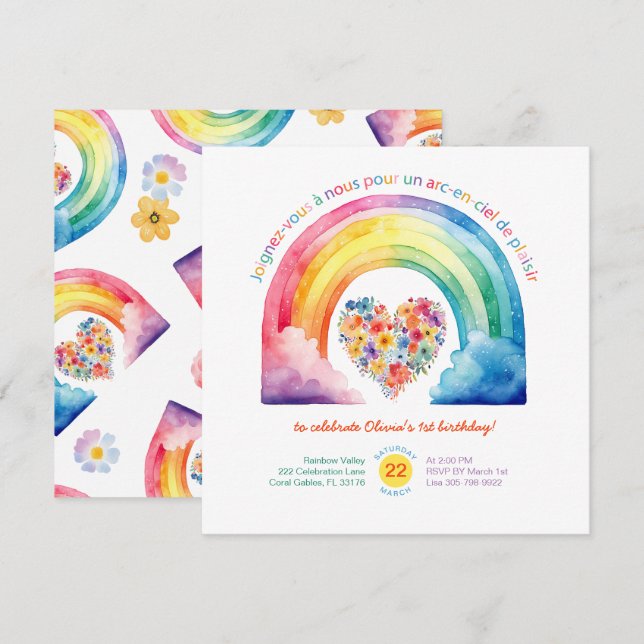 French Rainbow Girl Birthday Party Invitation (Front/Back)