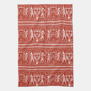 French Red and White Mediaeval Pattern Monogram H Tea Towel