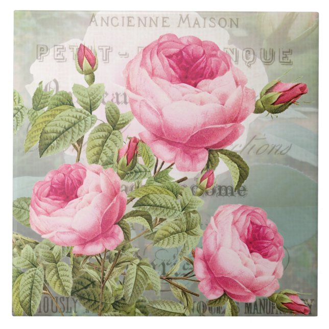 French Redoute Pink Roses Ceramic Tile (Front)