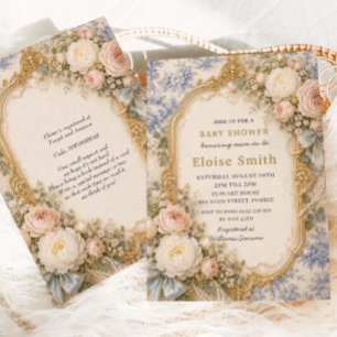 French Regency Blue Toile Floral Bow Baby Shower Invitation