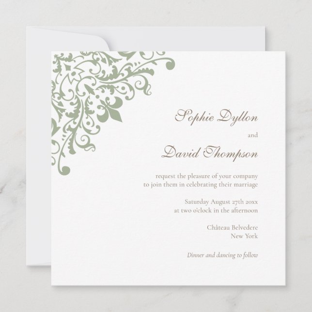 French Regency Green Fleur de Lis Pattern Square Invitation (Front)