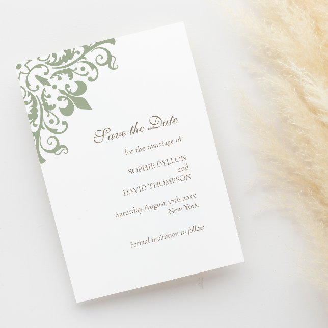 French Regency Green Fleur de Lis Pattern Wedding Save The Date (Creator Uploaded)