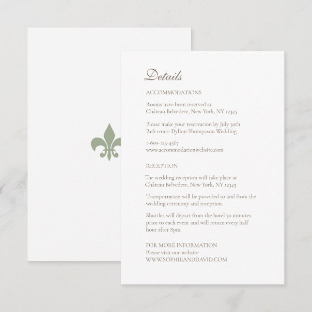 French Regency Green Fleur de Lis Wedding Details Enclosure Card (Front/Back)