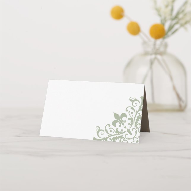French Regency Green Fleur de Lis Wedding Place Card (Front)