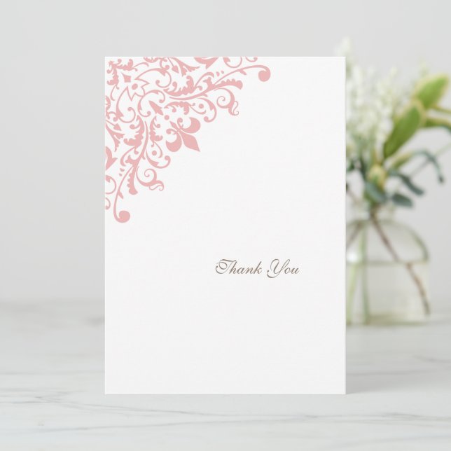 French Regency Pink Fleur de Lis Pattern Wedding Thank You Card (Standing Front)