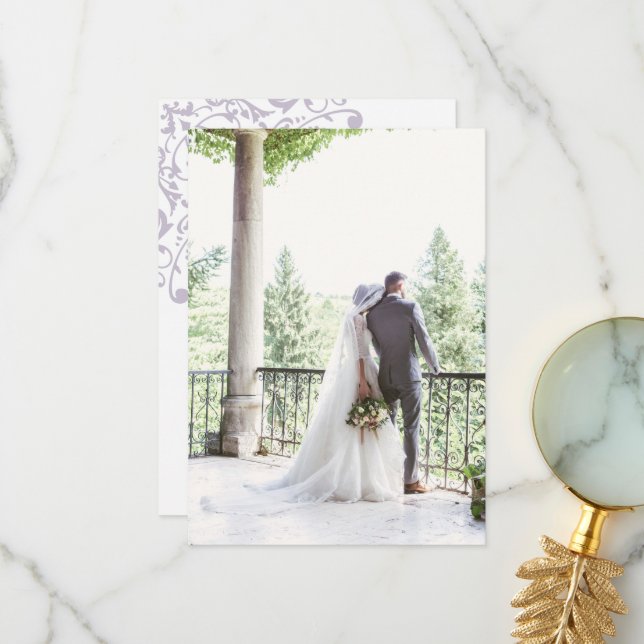 French Regency Purple Fleur de Lis Wedding Photo Thank You Card (Front/Back In Situ)