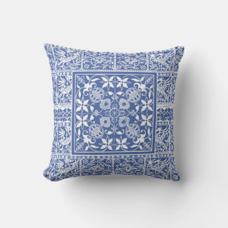 French Renaissance Blue White Lace Flowers Birds Cushion