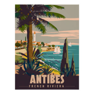 French Riviera Antibes Retro Poster. Tropical coas Poster
