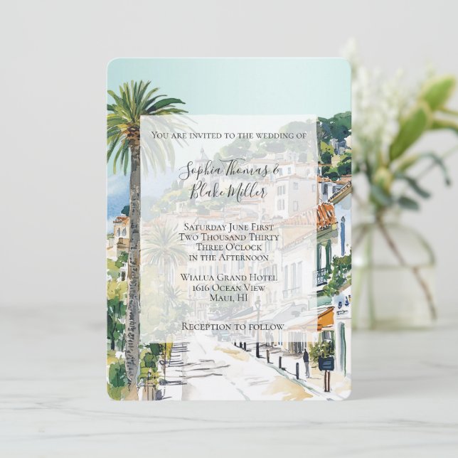 French Riviera Beach Coastal Town Wedding Invitation (Standing Front)
