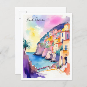 French Riviera France Watercolor Illustration Postcard