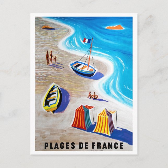 French riviera, people on beach, fishing boats postcard (Front)