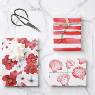 French Riviera Red Flowers Stripes Shells Wrapping Paper Sheet