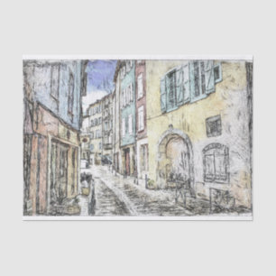 French Riviera Street Buildings Sketch Decoupage Tissue Paper
