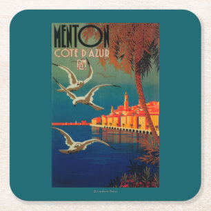 French Riviera Travel Poster # 1 Square Paper Coaster