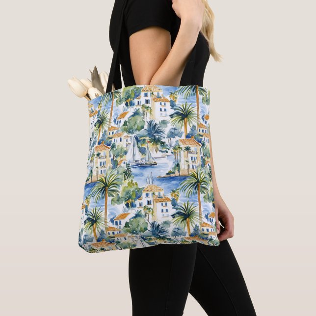 French Riviera Tropical Palm Trees Tote Bag (Close Up)