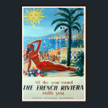 French Riviera Vintage Travel Poster<br><div class="desc">Reproduction print of a French Art Deco poster promoting travel to French-Riviera featuring a woman in bikini against the beautiful beach of  Mediterranean coastline.  Please customise the poster size,  texture,  border and/or frame to suit your taste.</div>