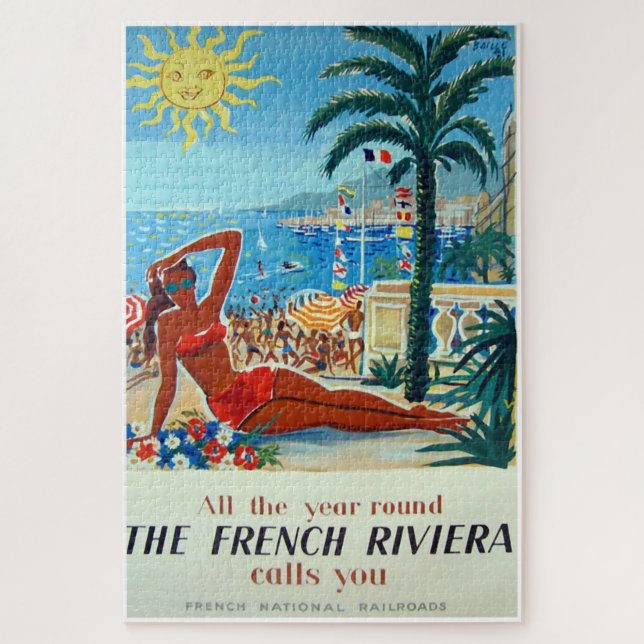 French Riviera Vintage Travel Poster Jigsaw Puzzle (Vertical)