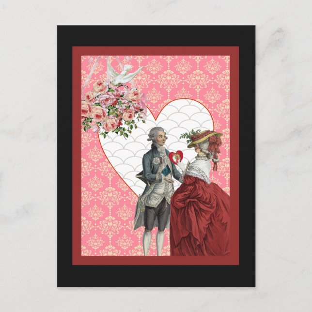 French Rococo Couple and Pink Damask Valentine Holiday Postcard (Front)