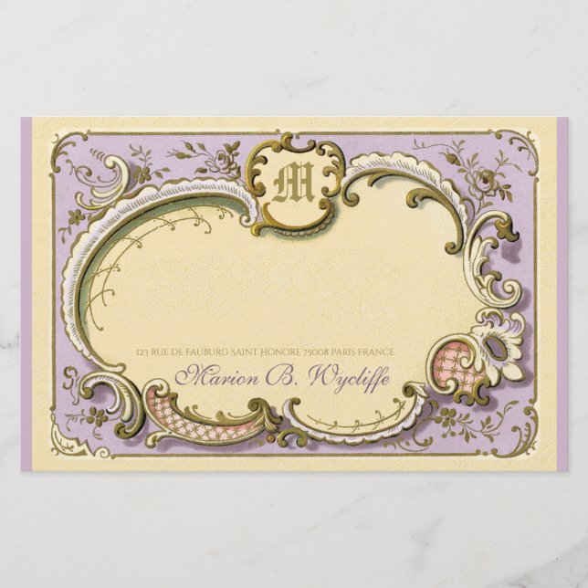 French Rococo Elegant Frame Antique Gold Lilac Stationery (Front)