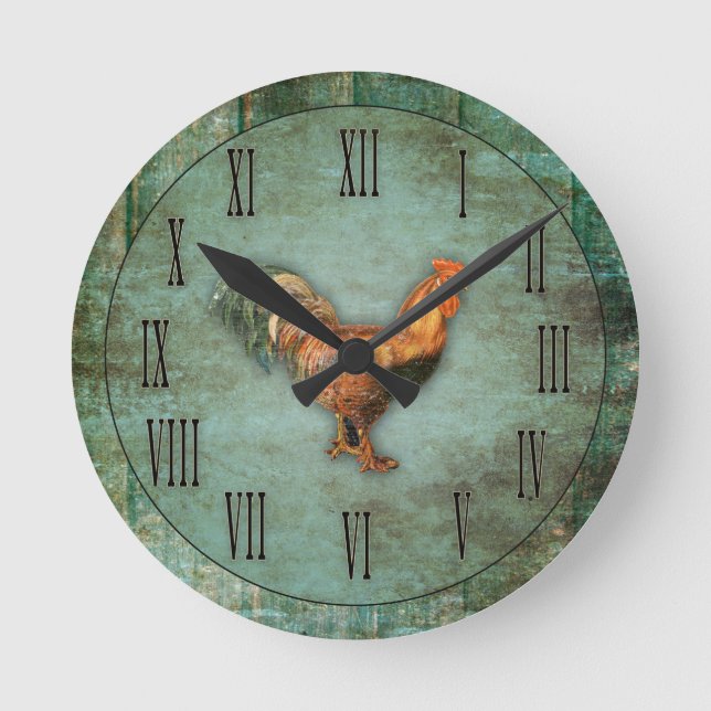 French Rooster and Faux Wood Round Clock (Front)