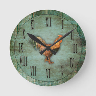 French Rooster and Faux Wood Round Clock