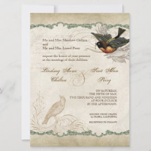 French Rose Love Birds Vintage Lace - Apple Green Invitation