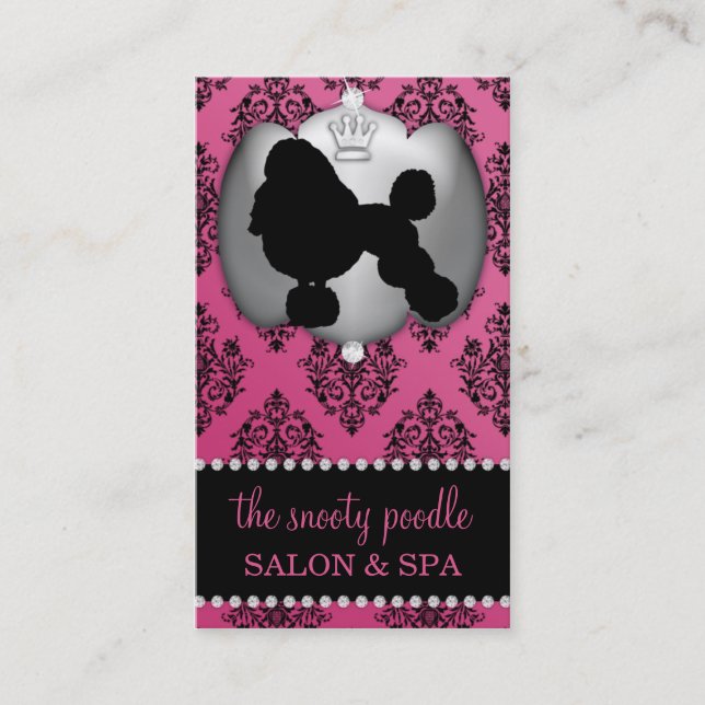 French Rose Pink Jewelled Damask Dog Grooming/Spa Business Card (Front)