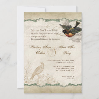 French Roses Love Birds Swirl Vintage Lace - Aqua Invitation