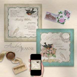 French Roses Love Birds Vintage Lace - Aqua Blue Invitation