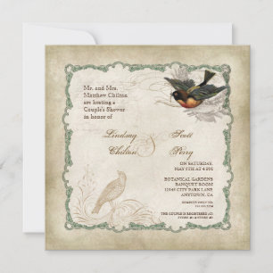 French Roses Love Birds Vintage Lace - Aqua Blue Invitation