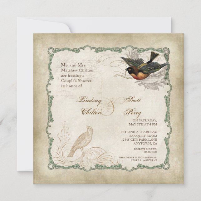 French Roses Love Birds Vintage Lace - Mocha Invitation (Front)