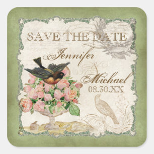 French Roses Love Birds Vintage Lace - Sage Green Square Sticker