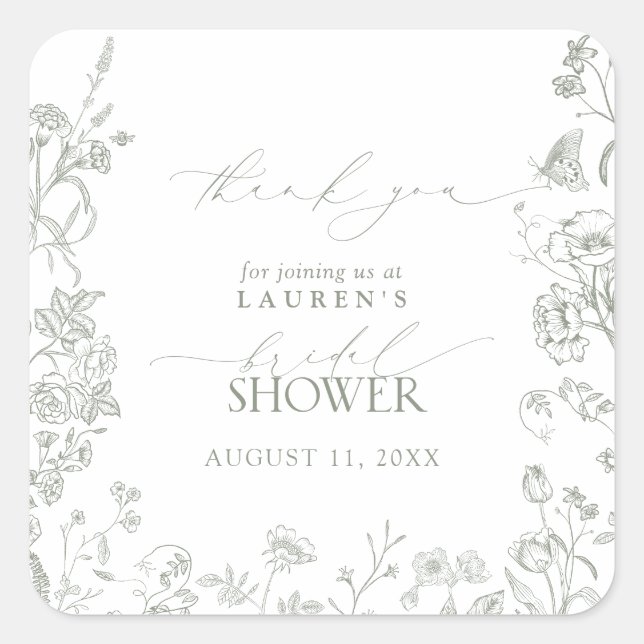 French Sage Green Floral Bridal Shower Thank You Square Sticker (Front)