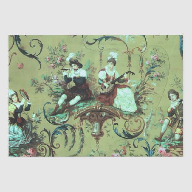 French Sage Green Toile Victorian Style Decoupage Tissue Paper (Front)