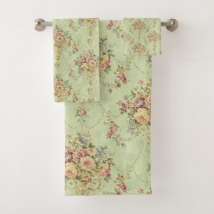 French Sage Green Victorian Style Floral Rococo Bath Towel Set
