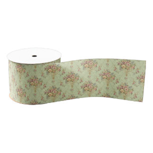 French Sage Green Victorian Style Floral Rococo Grosgrain Ribbon